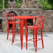 Commercial Grade 30" Round Red Metal Indoor-Outdoor Bar Table Set with 2 Vertical Slat Back Stools, CH-51090BH-2-30VRT-RED-GG