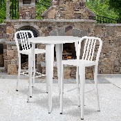 Commercial Grade 30" Round White Metal Indoor-Outdoor Bar Table Set with 2 Vertical Slat Back Stools, CH-51090BH-2-30VRT-WH-GG