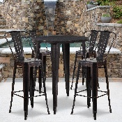 Commercial Grade 30" Round Black-Antique Gold Metal Indoor-Outdoor Bar Table Set with 4 Cafe Stools, CH-51090BH-4-30CAFE-BQ-GG