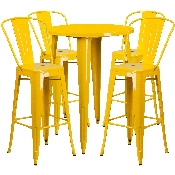 Commercial Grade 30" Round Yellow Metal Indoor-Outdoor Bar Table Set with 4 Cafe Stools, CH-51090BH-4-30CAFE-YL-GG