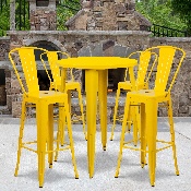 Commercial Grade 30" Round Yellow Metal Indoor-Outdoor Bar Table Set with 4 Cafe Stools, CH-51090BH-4-30CAFE-YL-GG