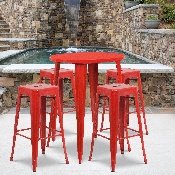Commercial Grade 30" Round Red Metal Indoor-Outdoor Bar Table Set with 4 Square Seat Backless Stools, CH-51090BH-4-30SQST-RED-GG