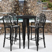 Commercial Grade 30" Round Black Metal Indoor-Outdoor Bar Table Set with 4 Vertical Slat Back Stools, CH-51090BH-4-30VRT-BK-GG