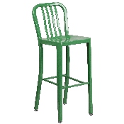 Commercial Grade 30" Round Green Metal Indoor-Outdoor Bar Table Set with 4 Vertical Slat Back Stools, CH-51090BH-4-30VRT-GN-GG