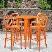 Commercial Grade 30" Round Orange Metal Indoor-Outdoor Bar Table Set with 4 Vertical Slat Back Stools, CH-51090BH-4-30VRT-OR-GG