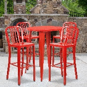 Commercial Grade 30" Round Red Metal Indoor-Outdoor Bar Table Set with 4 Vertical Slat Back Stools, CH-51090BH-4-30VRT-RED-GG