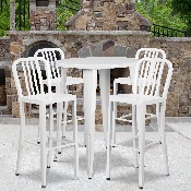 Commercial Grade 30" Round White Metal Indoor-Outdoor Bar Table Set with 4 Vertical Slat Back Stools, CH-51090BH-4-30VRT-WH-GG