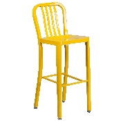 Commercial Grade 30" Round Yellow Metal Indoor-Outdoor Bar Table Set with 4 Vertical Slat Back Stools, CH-51090BH-4-30VRT-YL-GG