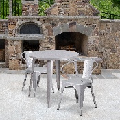 Commercial Grade 30" Round Silver Metal Indoor-Outdoor Table Set with 2 Arm Chairs, CH-51090TH-2-18ARM-SIL-GG