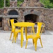 Commercial Grade 30" Round Yellow Metal Indoor-Outdoor Table Set with 2 Cafe Chairs, CH-51090TH-2-18CAFE-YL-GG