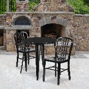 Commercial Grade 30" Round Black Metal Indoor-Outdoor Table Set with 2 Vertical Slat Back Chairs, CH-51090TH-2-18VRT-BK-GG