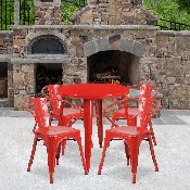 Commercial Grade 30" Round Red Metal Indoor-Outdoor Table Set with 4 Arm Chairs, CH-51090TH-4-18ARM-RED-GG