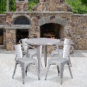Commercial Grade 30" Round Silver Metal Indoor-Outdoor Table Set with 4 Arm Chairs, CH-51090TH-4-18ARM-SIL-GG