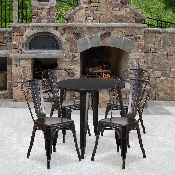 Commercial Grade 30" Round Black-Antique Gold Metal Indoor-Outdoor Table Set with 4 Cafe Chairs, CH-51090TH-4-18CAFE-BQ-GG