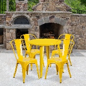 Commercial Grade 30" Round Yellow Metal Indoor-Outdoor Table Set with 4 Cafe Chairs, CH-51090TH-4-18CAFE-YL-GG