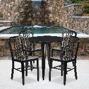 Commercial Grade 30" Round Black Metal Indoor-Outdoor Table Set with 4 Vertical Slat Back Chairs, CH-51090TH-4-18VRT-BK-GG