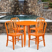 Commercial Grade 30" Round Orange Metal Indoor-Outdoor Table Set with 4 Vertical Slat Back Chairs, CH-51090TH-4-18VRT-OR-GG