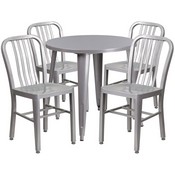 Commercial Grade 30" Round Silver Metal Indoor-Outdoor Table Set with 4 Vertical Slat Back Chairs, CH-51090TH-4-18VRT-SIL-GG
