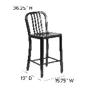 Commercial Grade 24" High Black Metal Indoor-Outdoor Counter Height Stool with Vertical Slat Back, CH-61200-24-BK-GG