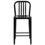 Commercial Grade 24" High Black Metal Indoor-Outdoor Counter Height Stool with Vertical Slat Back, CH-61200-24-BK-GG