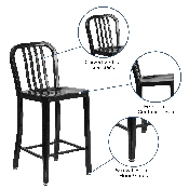 Commercial Grade 24" High Black Metal Indoor-Outdoor Counter Height Stool with Vertical Slat Back, CH-61200-24-BK-GG