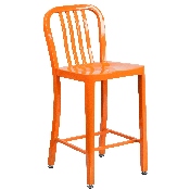 Commercial Grade 24" High Orange Metal Indoor-Outdoor Counter Height Stool with Vertical Slat Back, CH-61200-24-OR-GG