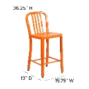 Commercial Grade 24" High Orange Metal Indoor-Outdoor Counter Height Stool with Vertical Slat Back, CH-61200-24-OR-GG