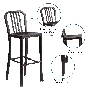 Commercial Grade 30" High Black-Antique Gold Metal Indoor-Outdoor Barstool with Vertical Slat Back, CH-61200-30-BQ-GG