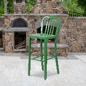 Commercial Grade 30" High Green Metal Indoor-Outdoor Barstool with Vertical Slat Back, CH-61200-30-GN-GG