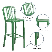 Commercial Grade 30" High Green Metal Indoor-Outdoor Barstool with Vertical Slat Back, CH-61200-30-GN-GG