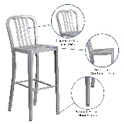 Commercial Grade 30" High Silver Metal Indoor-Outdoor Barstool with Vertical Slat Back, CH-61200-30-SIL-GG