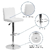 Contemporary White Vinyl Adjustable Height Barstool with Panel Back and Chrome Base, CH-92066-WH-GG
