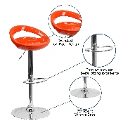 Contemporary Orange Plastic Adjustable Height Barstool with Rounded Cutout Back and Chrome Base, CH-TC3-1062-ORG-GG