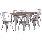 30.25" x 60" Silver Metal Table Set with Wood Top and 6 Stack Chairs, CH-WD-TBCH-14-GG