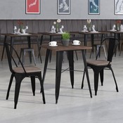 23.5" Square Black Metal Table Set with Wood Top and 2 Stack Chairs, CH-WD-TBCH-15-GG