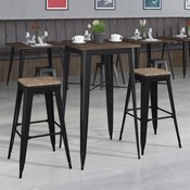 23.5" Square Black Metal Bar Table Set with Wood Top and 2 Backless Stools, CH-WD-TBCH-17-GG