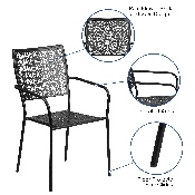 Commercial Grade Black Indoor-Outdoor Steel Patio Arm Chair with Square Back, CO-2-BK-GG