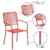 Commercial Grade Coral Indoor-Outdoor Steel Patio Arm Chair with Square Back, CO-2-RED-GG
