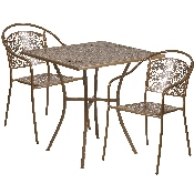 Commercial Grade 28" Square Gold Indoor-Outdoor Steel Patio Table Set with 2 Round Back Chairs, CO-28SQ-03CHR2-GD-GG