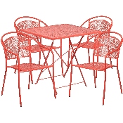 Commercial Grade 28" Square Coral Indoor-Outdoor Steel Folding Patio Table Set with 4 Round Back Chairs, CO-28SQF-03CHR4-RED-GG