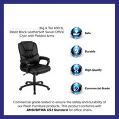 Flash Fundamentals Big & Tall 400 lb. Rated Black LeatherSoft Swivel Office Chair with Padded Arms, BIFMA Certified, CX-1179H-BK-GG