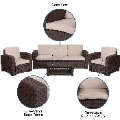 4 Piece Outdoor Faux Rattan Chair, Sofa and Table Set in Chocolate Brown, DAD-SF-113R-CBN-GG