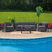 4 Piece Outdoor Faux Rattan Chair, Sofa and Table Set in Dark Gray, DAD-SF-113T-DKGY-GG