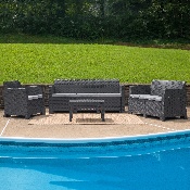 4 Piece Outdoor Faux Rattan Chair, Loveseat, Sofa and Table Set in Dark Gray, DAD-SF-123T-DKGY-GG
