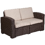 Chocolate Brown Faux Rattan Loveseat with All-Weather Beige Cushions, DAD-SF1-2-GG