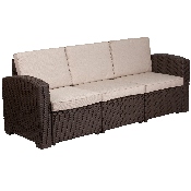 Chocolate Brown Faux Rattan Sofa with All-Weather Beige Cushions, DAD-SF1-3-GG