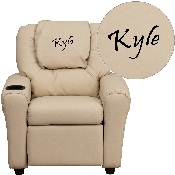 Personalized Beige Vinyl Kids Recliner with Cup Holder and Headrest, DG-ULT-KID-BGE-TXTEMB-GG