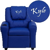 Personalized Blue Vinyl Kids Recliner with Cup Holder and Headrest, DG-ULT-KID-BLUE-TXTEMB-GG