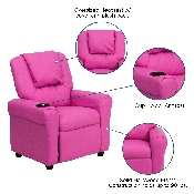 Contemporary Hot Pink Vinyl Kids Recliner with Cup Holder and Headrest, DG-ULT-KID-HOT-PINK-GG