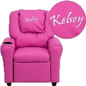 Personalized Hot Pink Vinyl Kids Recliner with Cup Holder and Headrest, DG-ULT-KID-HOT-PINK-TXTEMB-GG